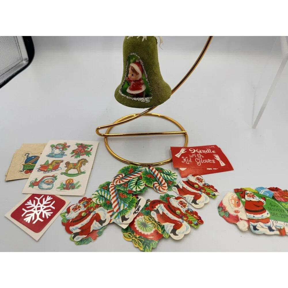 Vintage Flocked Green Bell Christmas Ornament Diorama Elf MCM + Bonus Stickers